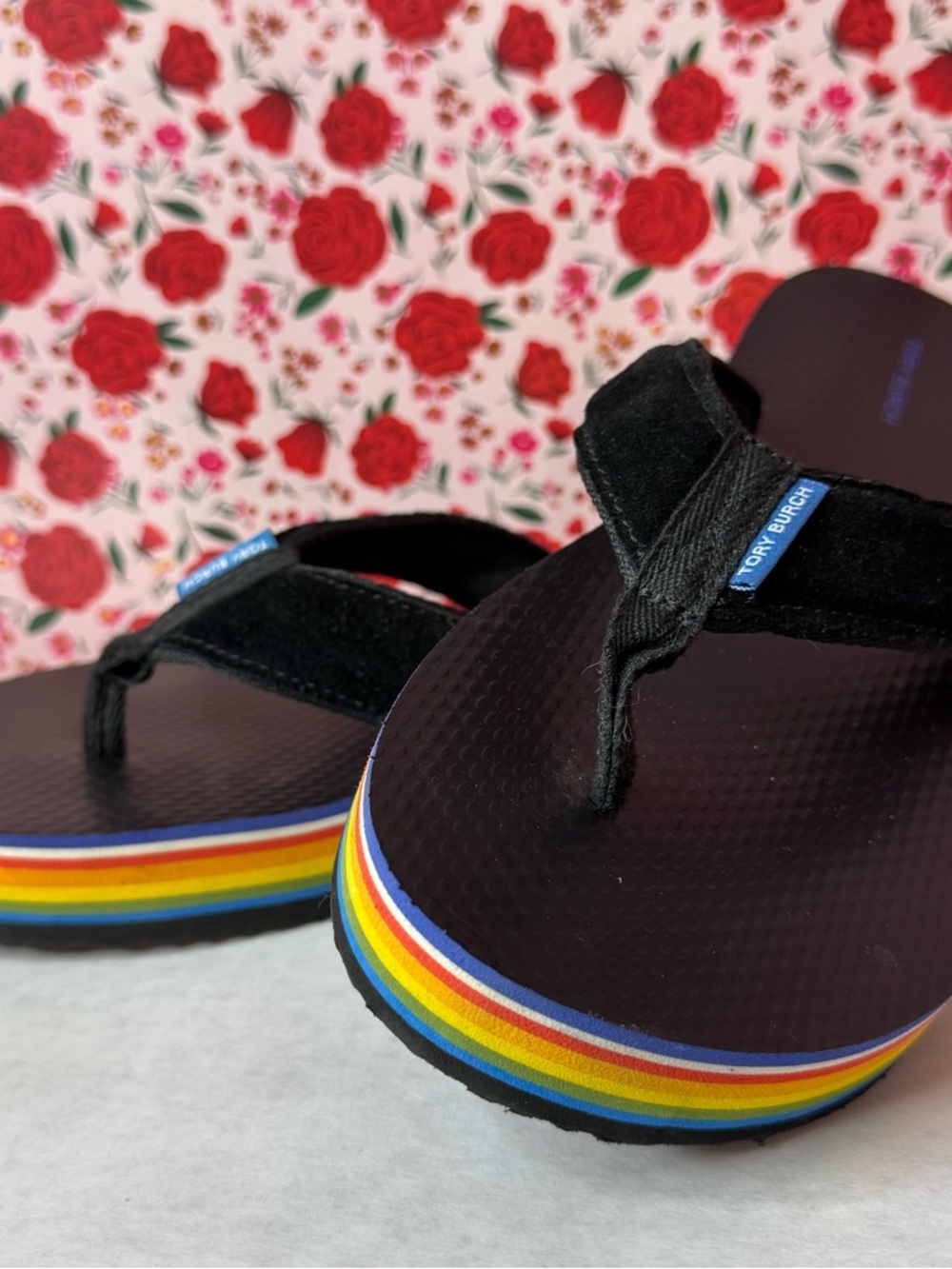 Tory Burch Black Flip-Flop Sandals with Rainbow Layered Platform - Picture 2 of 7